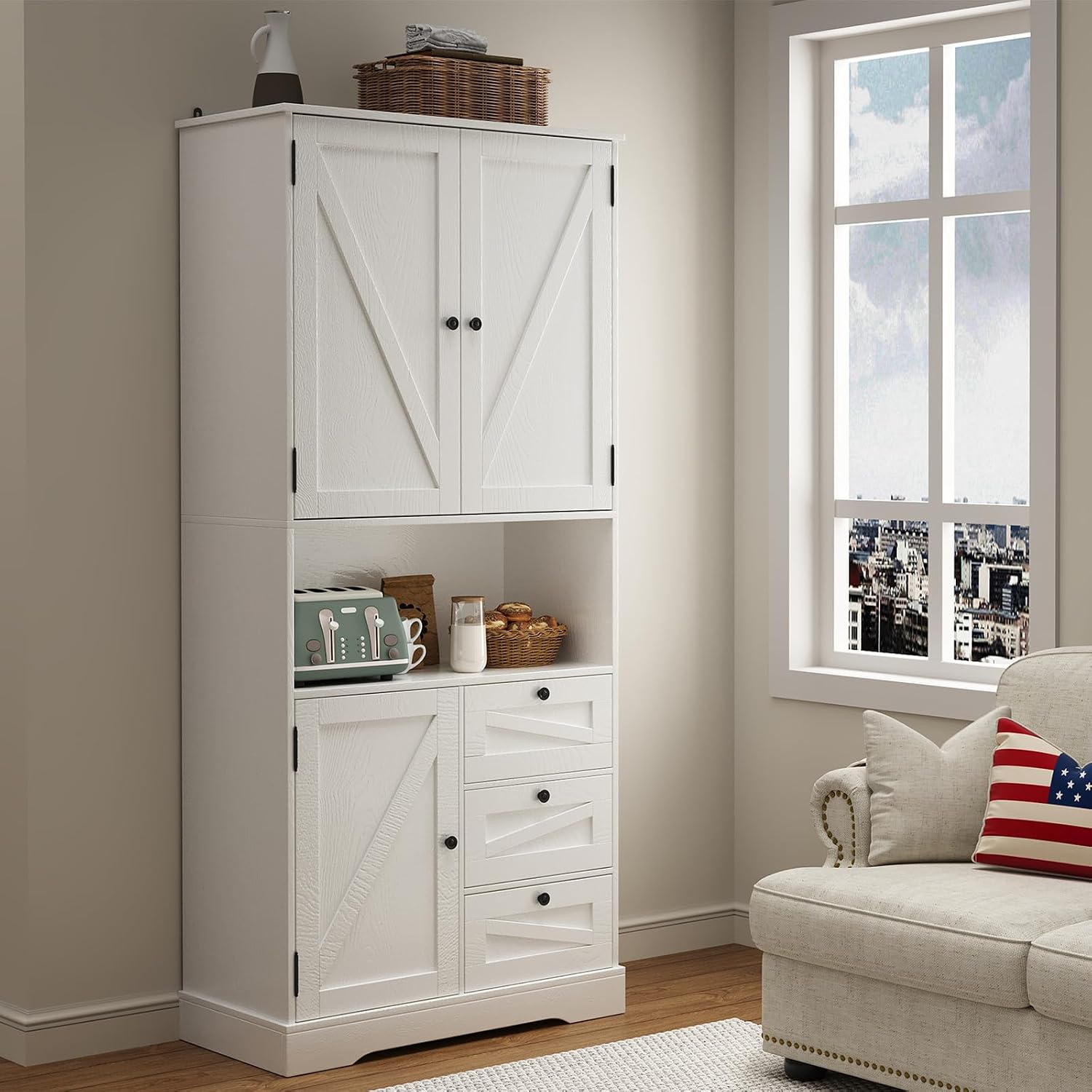 Farmhouse 71 Inch Kitchen Pantry Cabinet, Storage Cabinet with 3 Door Shelves and 3 Drawer, Versatile Storage for Kitchen, Dining Room, Living Room, White Wood Grain