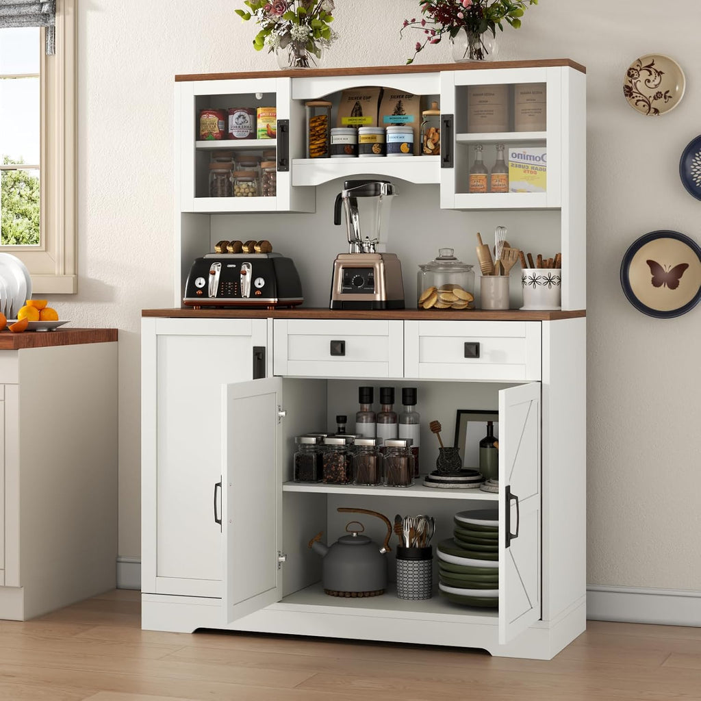 Gyfimoie 60' Tall Farmhouse Kitchen Pantry Storage Cabinet,Kitchen Hutch with Microwave Stand,Freestanding Buffet Pantry Cabinet with Glass Door and Adjustable Shelves for Dining Room (White)