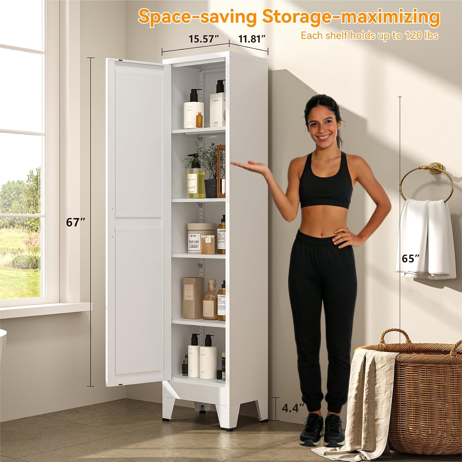 67' Tall Storage Cabinet with Reversible Doors and Adjustable Shelves,Metal Slim Freestanding Cabinet for Bathroom Kitchen Garage Small Spaces,White1 Pack