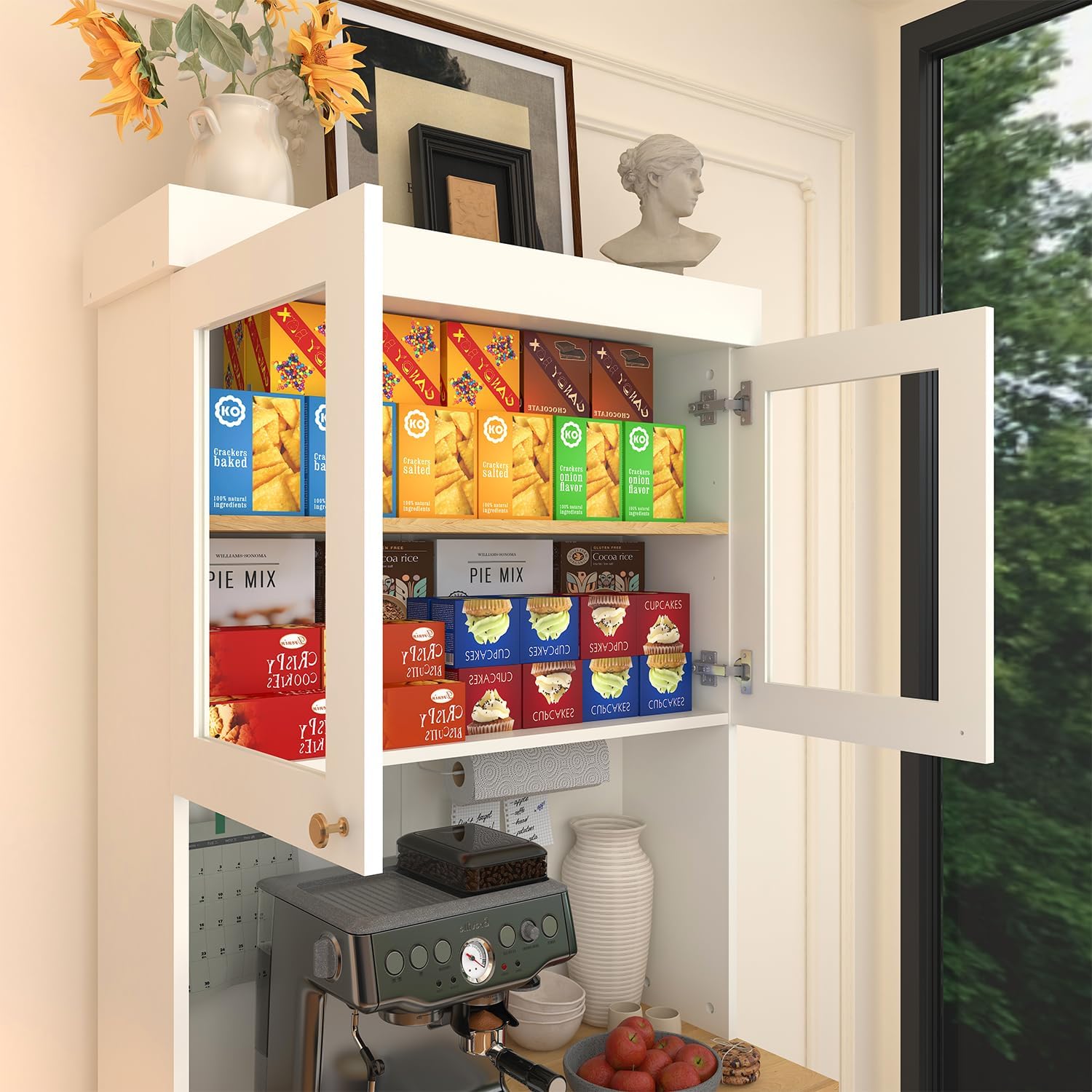 71' Tall Farmhouse Kitchen Pantry, Large Storage Cabinet with Glass Doors and Drawers, Freestanding Coffee Bar Hutch with Microwave Stand, Adjustable Shelves for Kitchen, Living Room, White 4 Pcs