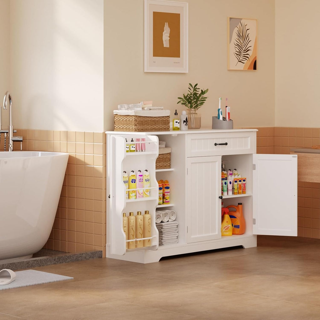 Gizoon Kitchen Coffee Bar Cabinet with Storage Kitchen Sideboard Buffet Cabinet with Drawers, Short Pantry with Door and Shelves for Bathroom and Living Room, White, Painted