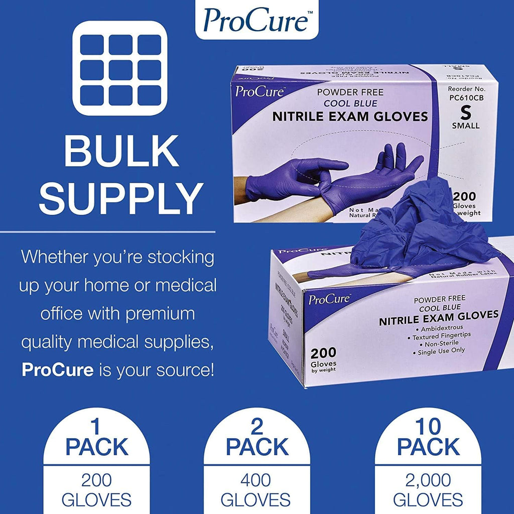 ProCure Disposable Nitrile Gloves - Medium, 2,000 Count Case - Powder Free, Rubber Latex Free, Medical Exam Grade, Non Sterile, Ambidextrous - Soft with Textured Tips - Cool Blue