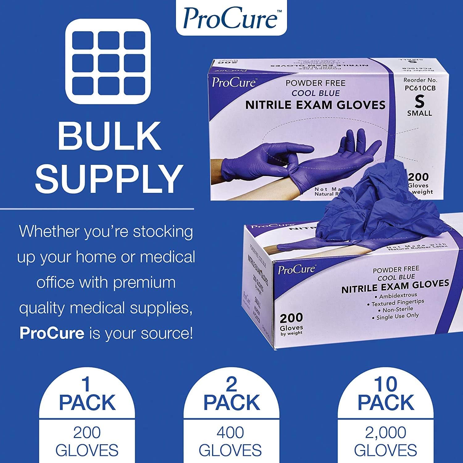 ProCure Disposable Nitrile Gloves - Medium, 2,000 Count Case - Powder Free, Rubber Latex Free, Medical Exam Grade, Non Sterile, Ambidextrous - Soft with Textured Tips - Cool Blue