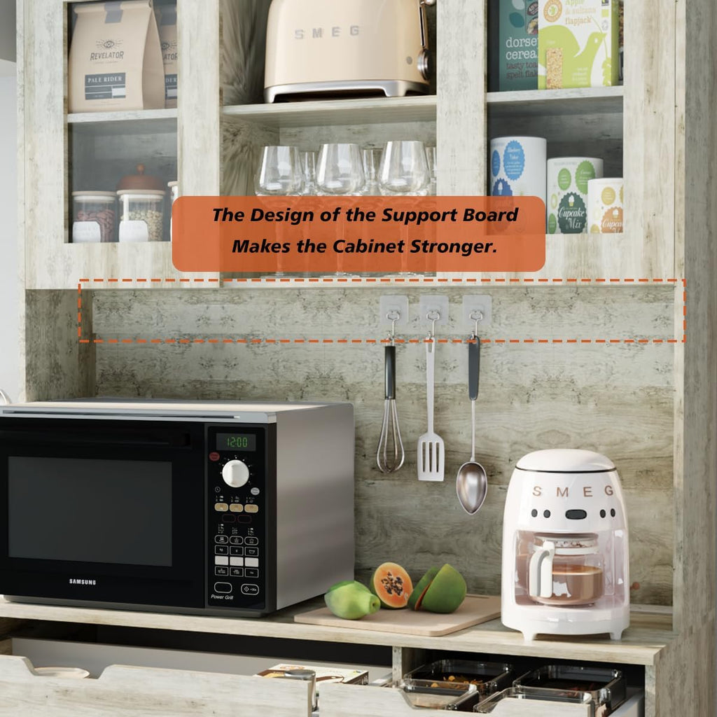 71' Tall Kitchen Pantry Storage Cabinet Large Farmhouse Hutch Cabinet with Microwave Stand, Charging Station, Adjustable Shelves, Countertop for Dining Room, Living Room, Grey