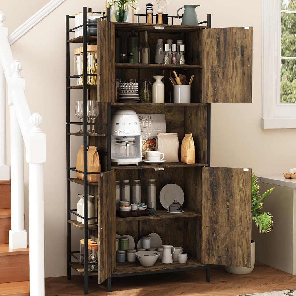 Industrial Style Kitchen Pantry Storage Cabinet, Brown Tall Kitchen Hutch with Microwave Stand, Food Pantry Cabinet with Side 6 Shelves and 2 Doors for Dining Room, Living Room