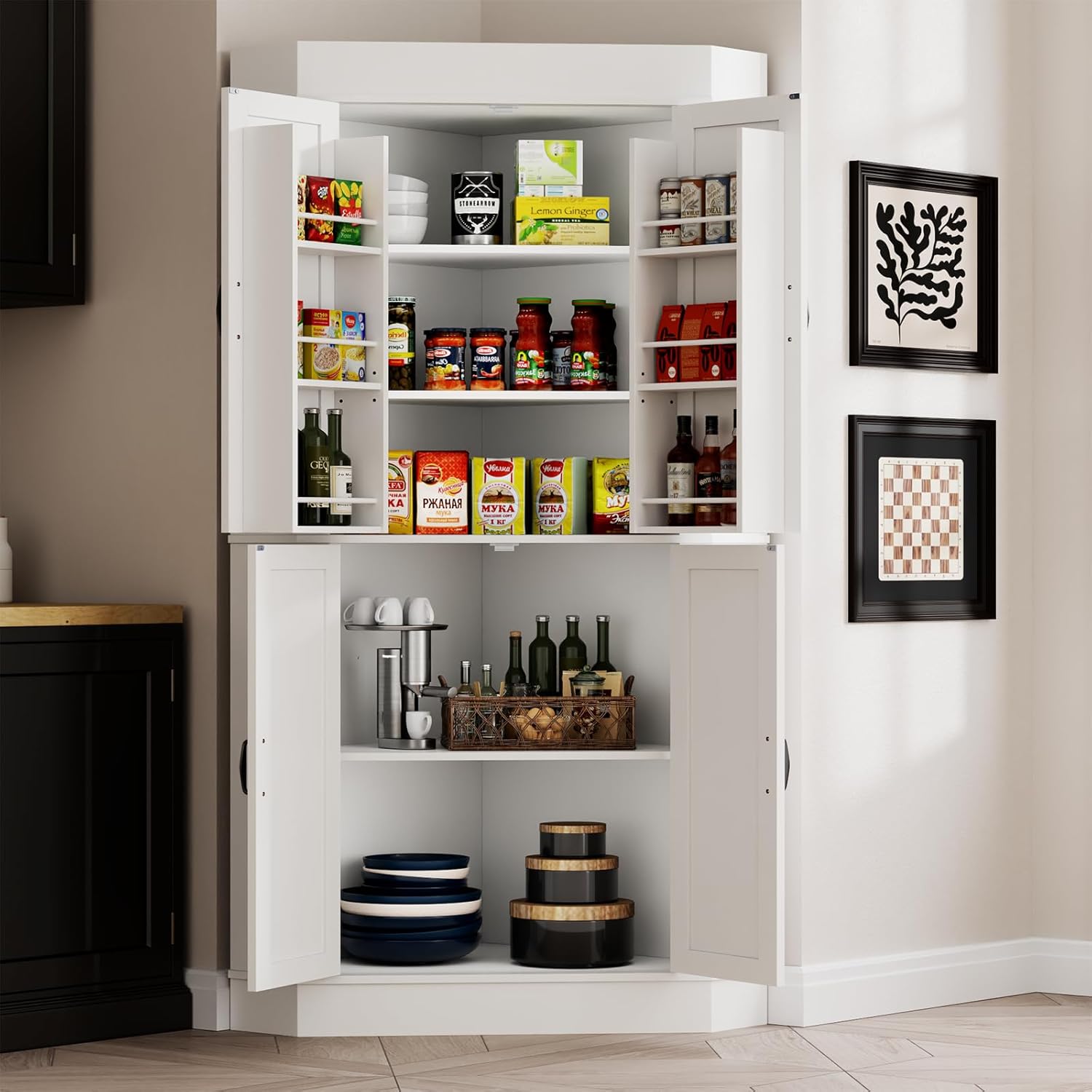 Gyfimoie Corner Cabinet,Kitchen Pantry Storage Cabinet,Freestanding Buffet Hutch with 4 Doors and Shelves,Tall Food Pantry Farmhouse Furniture with Side Rack for Kitchen Dining Room (White)