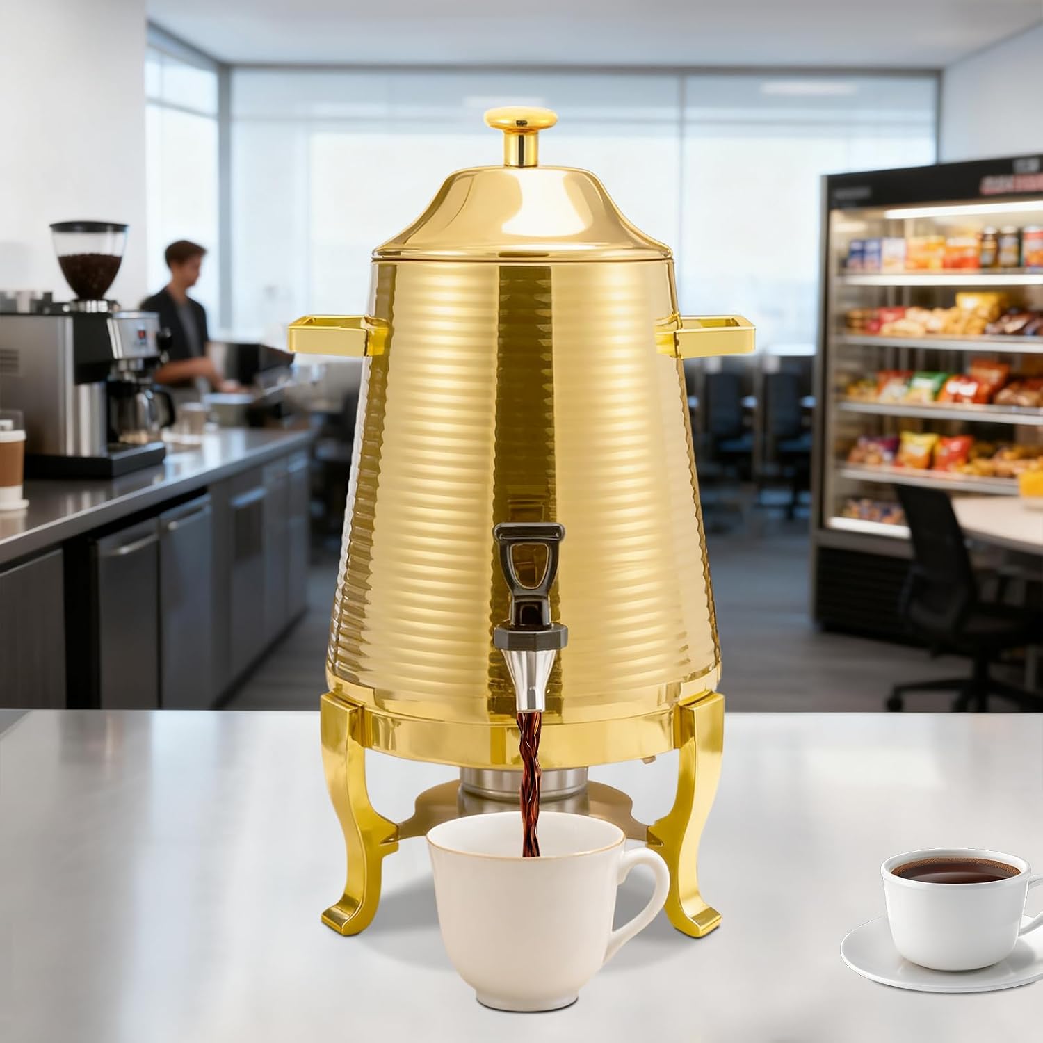13L Stainless Steel Beverage Dispenser with Stand, Dual Heating Hot Drink Dispenser with Temperature Control, Electric & Alcohol Heating Juice Container for Hot or Cold Drinks, or Catering Use,Gold