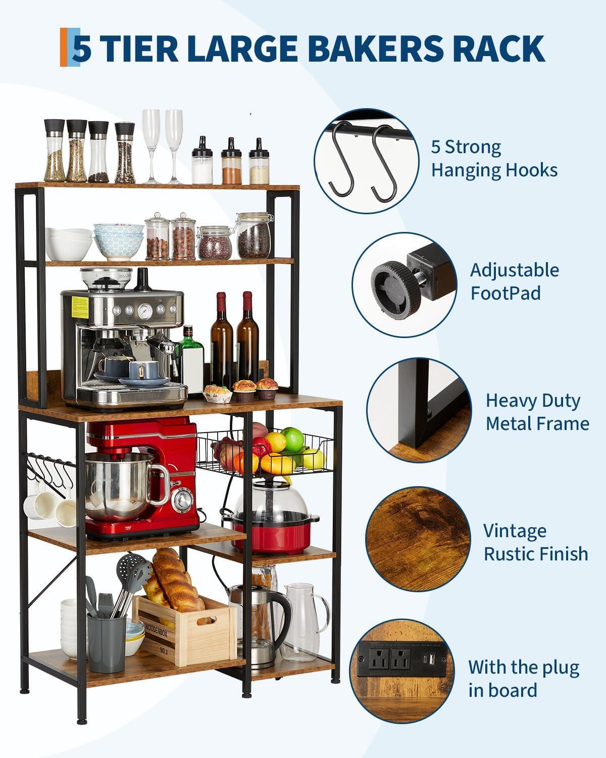 TrailBlaze Kitchen Bakers Rack with Power Outlet – 4-Tier Microwave Oven Stand & Storage Shelf – Coffee Bar Table with 5 S Hooks, Hutch Cabinet Organizer for Spices & Pots – Rustic Brown