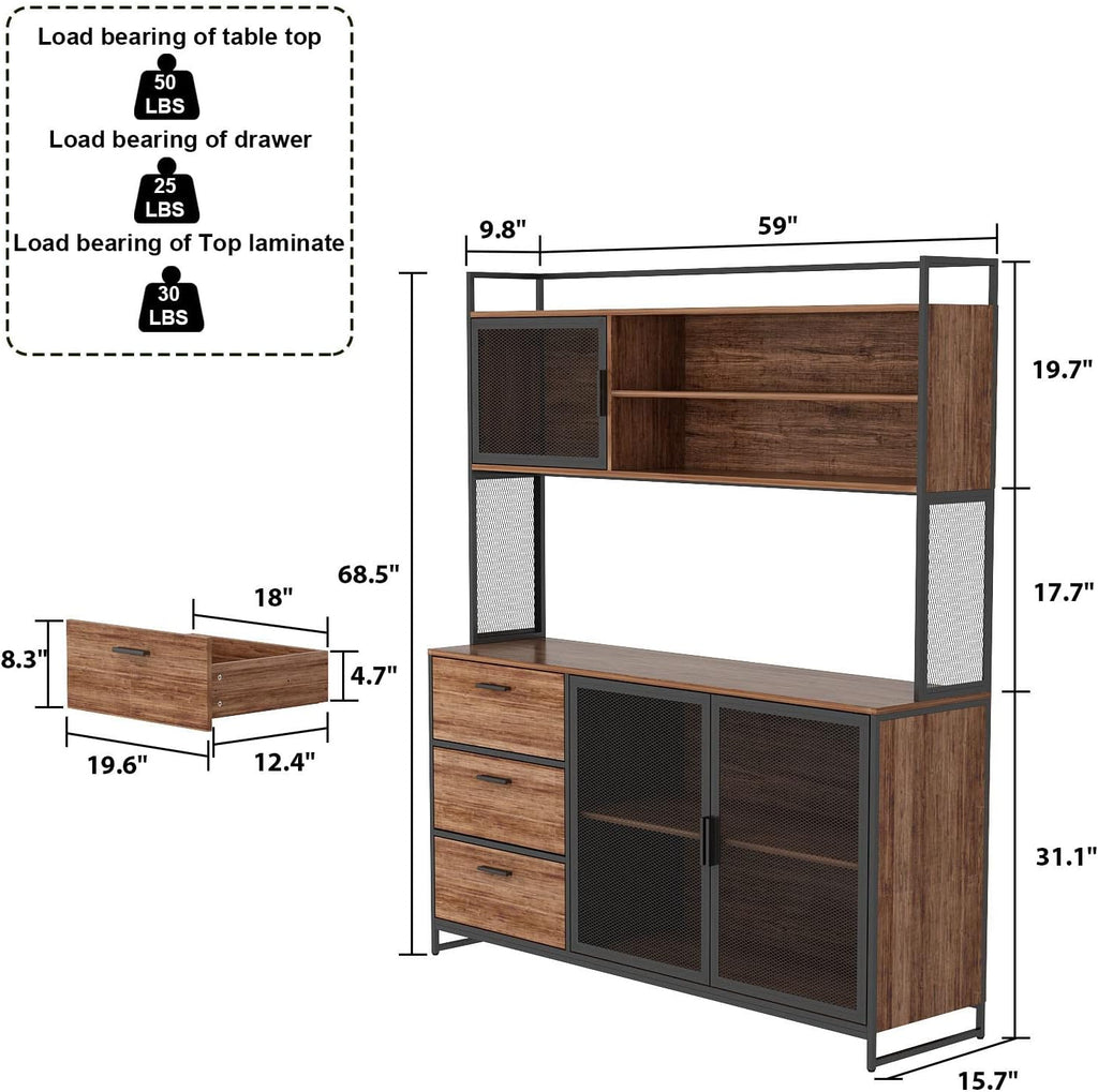 AGOTENI Large Kitchen Hutch Cabinet, Storage Cupboard Pantry with 3 Metal Doors, 3 Drawers & Microwave Shelf, for Kitchen Open Storage, Rustic Brown (59' W x 15.7' D x 68.5' H)