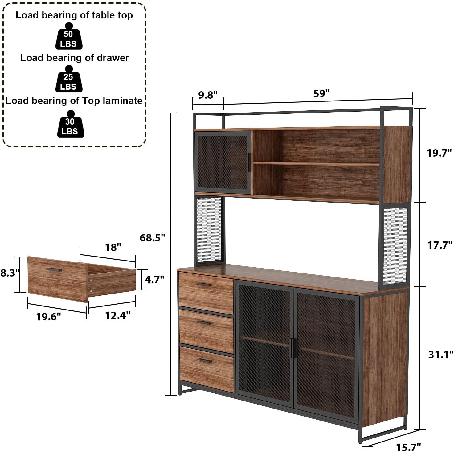 AGOTENI Large Kitchen Hutch Cabinet, Storage Cupboard Pantry with 3 Metal Doors, 3 Drawers & Microwave Shelf, for Kitchen Open Storage, Rustic Brown (59' W x 15.7' D x 68.5' H)
