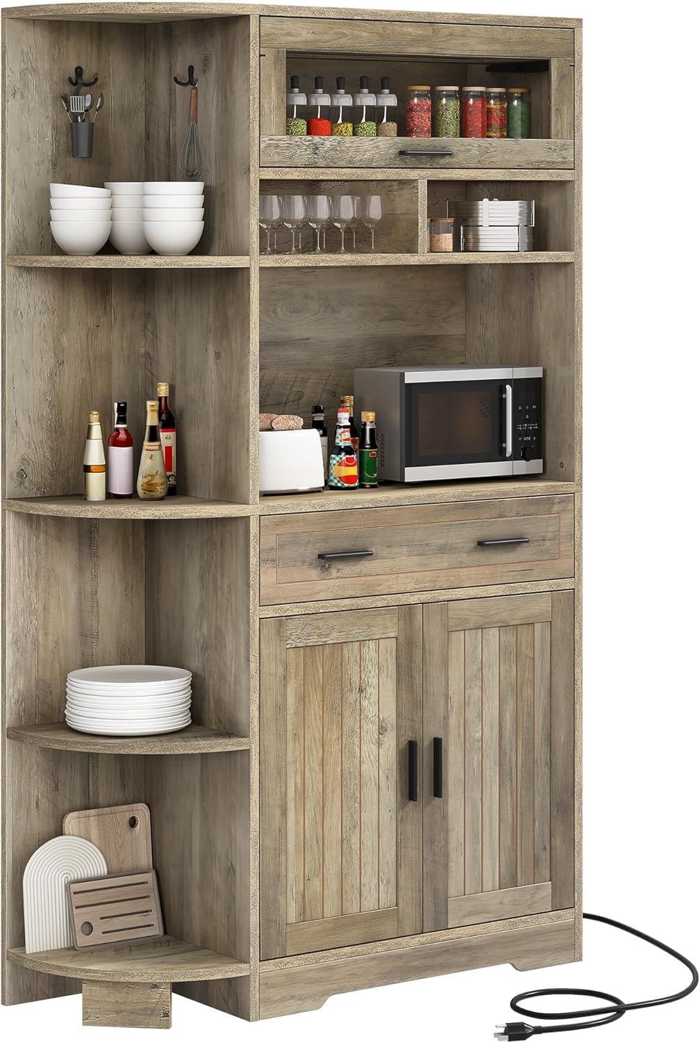 YITAHOME Kitchen Pantry Storage Cabinet, 67' Tall Kitchen Hutch with Outlet & Door & Shelves & Drawer, Farmhouse Wooden Microwave Stand Buffet Coffee Bar for Home Living Dining Room, Antique Gray