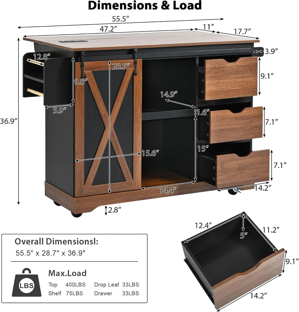 55.5' Farmhouse Kitchen Island with Drop Leaf, Kitchen Storage Island with Barn Door, Power Outlet, Rolling Kitchen Cart on Wheels with Spice Rack, for Home, Kitchen, Dining Room (Black)