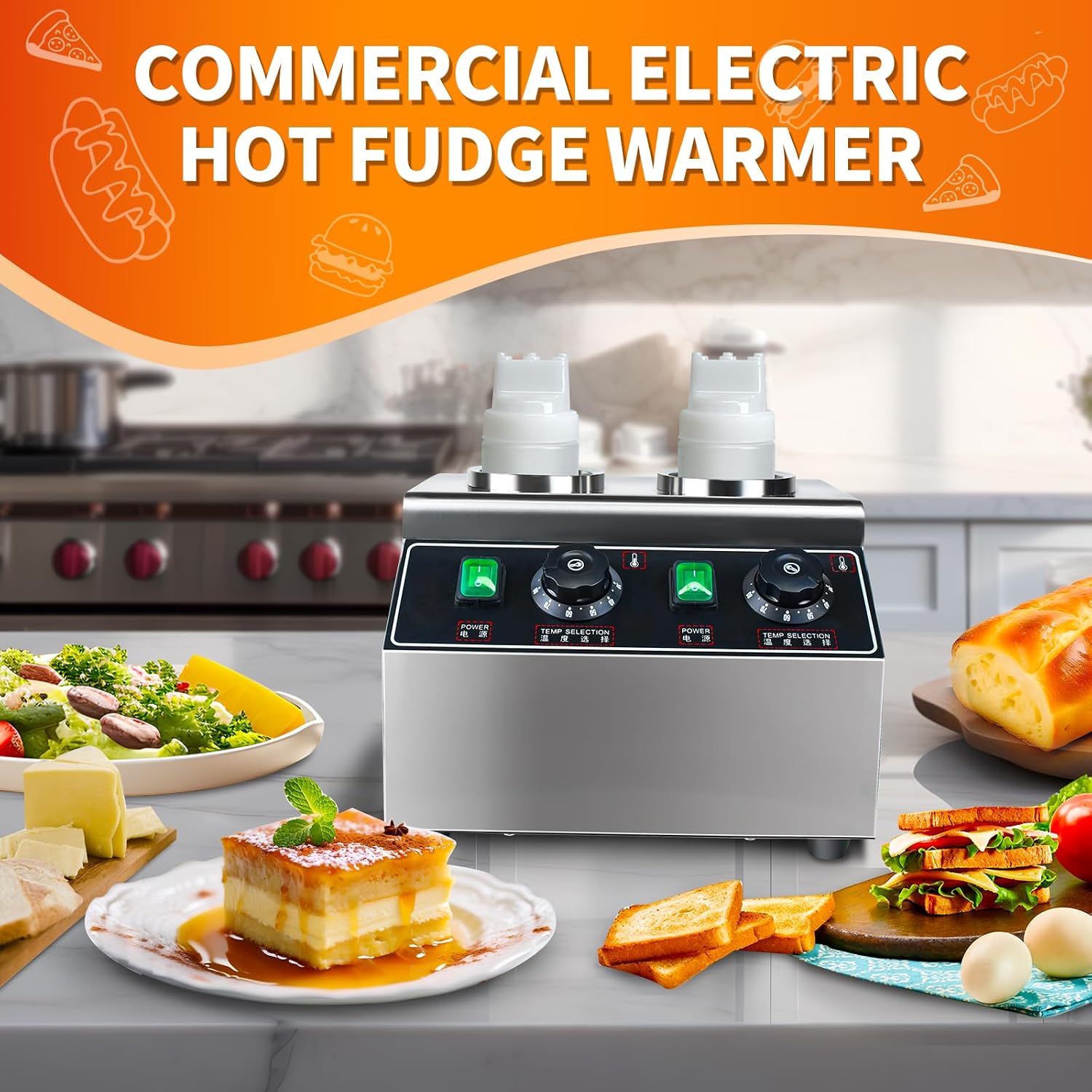 KOOTEN Cheese Warmer Electric Sauce Bottle Warmer Hot Chocolate Warmer and Dispenser 0.68x2 Qt Commercial Hot Fudge Warmer 86-185℉Sauce Warmer Dispenser,Double Bottles Nacho Cheese Warmer
