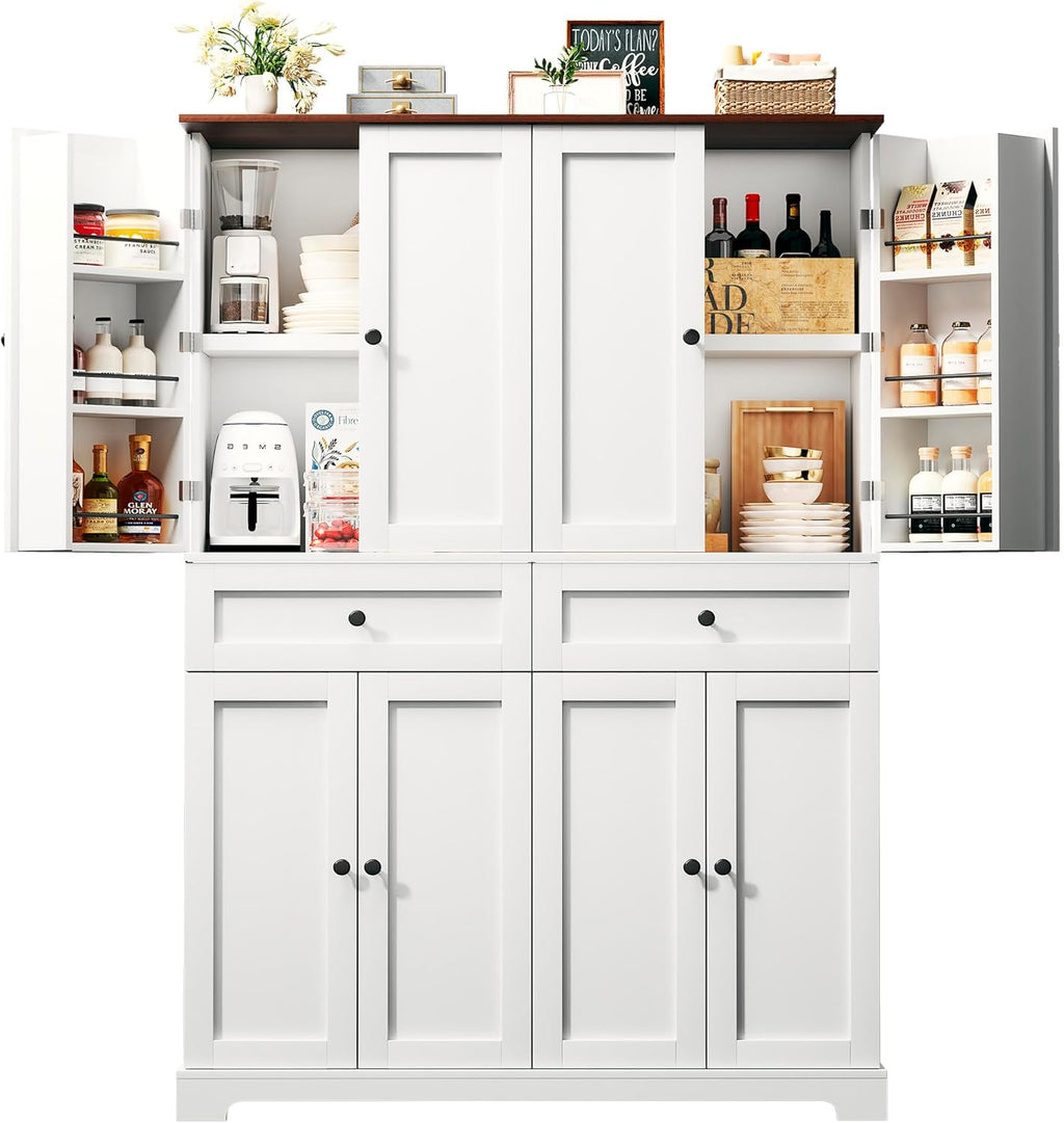 HUAHUU 71' Kitchen Pantry Cabinet with 6 Door Shelves, Tall Pantry Storage Cabinet with 8 Doors & 4 Adjustable Shelves, Modern Kitchen Pantry with 2 Large Drawers for Dining Room, Living Room, White