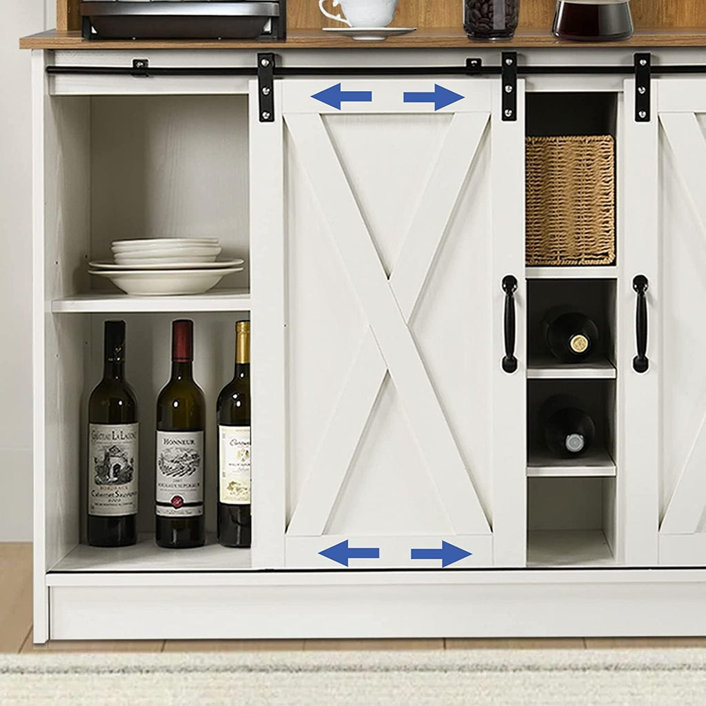 4ever2buy Farmhouse Coffee Bar Cabinet with Hutch, 47 Inch Buffet Cabinet with Storage, White Wine Bar with 9 Wine Racks and 6 Hooks, Coffee Bar Table with Adjustable Shelves for Living Dining Room