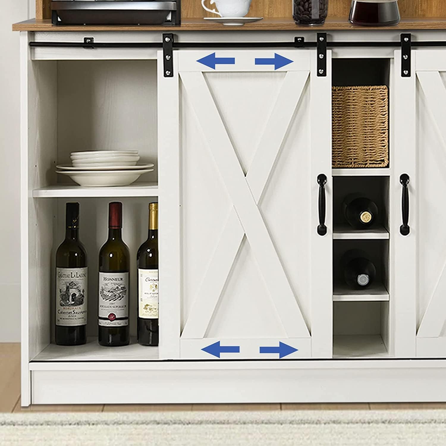 4ever2buy Farmhouse Coffee Bar Cabinet with Hutch, 47 Inch Buffet Cabinet with Storage, White Wine Bar with 9 Wine Racks and 6 Hooks, Coffee Bar Table with Adjustable Shelves for Living Dining Room