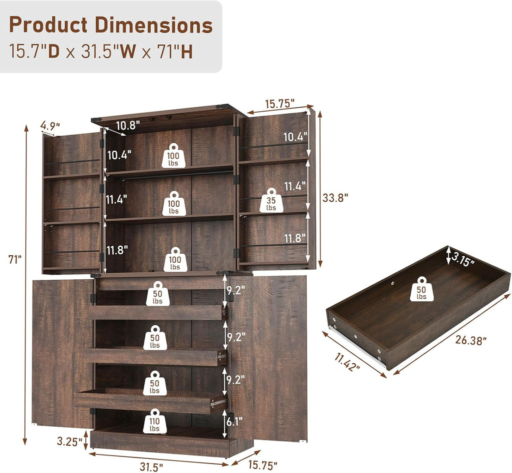 Hlivelood Farmhouse Kitchen Pantry Cabinet with 3 Drawers,71' Tall Rustic Wood Storage Cabinet with 6 Door Shelves,with Load-Bearing Steel Pipe,Pantry Organizers for Kitchen,Dining Room(Rustic Brown)