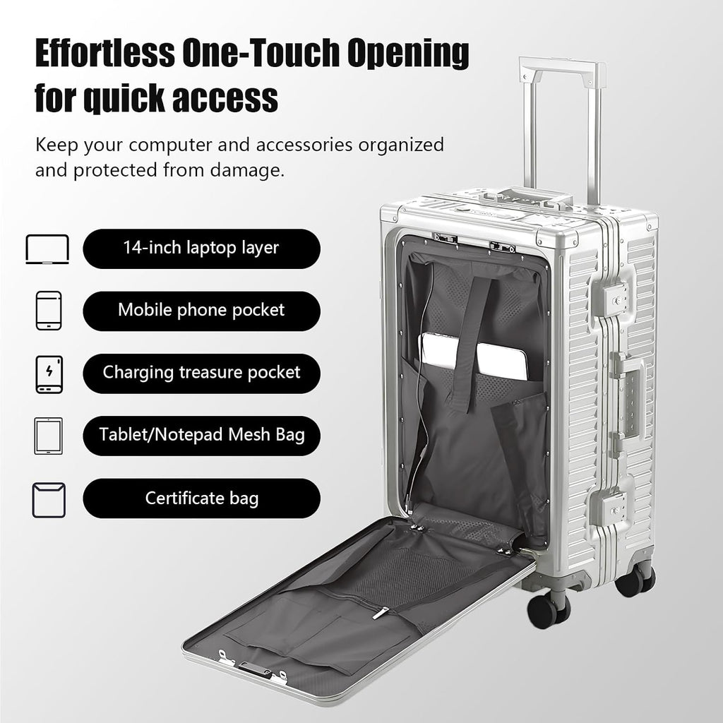 YYW All Aluminium Luggage With Spinner Wheels Lightweight PC hardside Rolling Suitcase, Built-In TSA lock Carry on Suitcase, with Cup Holder, USB Port, Phone Holder (Silver,24inch/39x25x65cm)