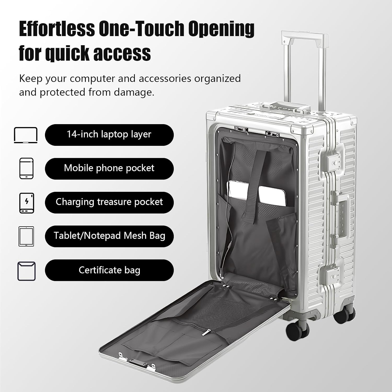 YYW All Aluminium Luggage With Spinner Wheels Lightweight PC hardside Rolling Suitcase, Built-In TSA lock Carry on Suitcase, with Cup Holder, USB Port, Phone Holder (Silver,24inch/39x25x65cm)