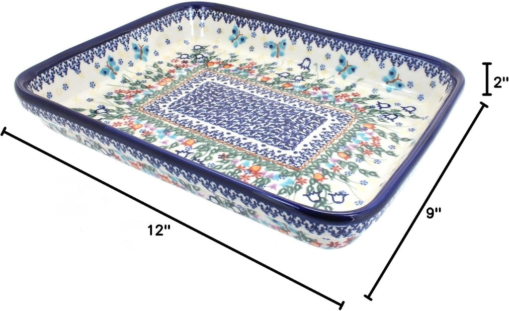 Blue Rose Polish Pottery - Blue Garden of Eden Medium Rectangular Baker - 12' x 9.25' - Unique, Dishwasher Safe, & Durable Bakeware