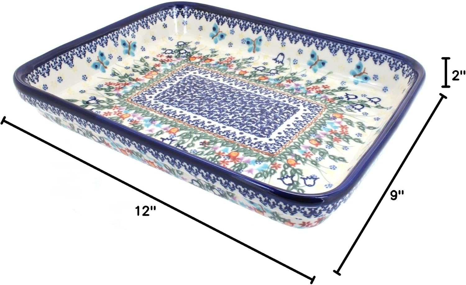 Blue Rose Polish Pottery - Blue Garden of Eden Medium Rectangular Baker - 12' x 9.25' - Unique, Dishwasher Safe, & Durable Bakeware