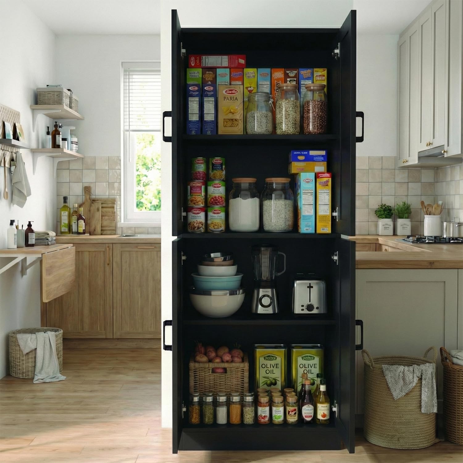 DIYART 71' Tall Kitchen Pantry Cabinet, Freestanding Food Storage Organizer with Doors & Adjustable Shelves, Large Utility Hutch Cupboard for Dining Room, Kitchen & Home Office, Black