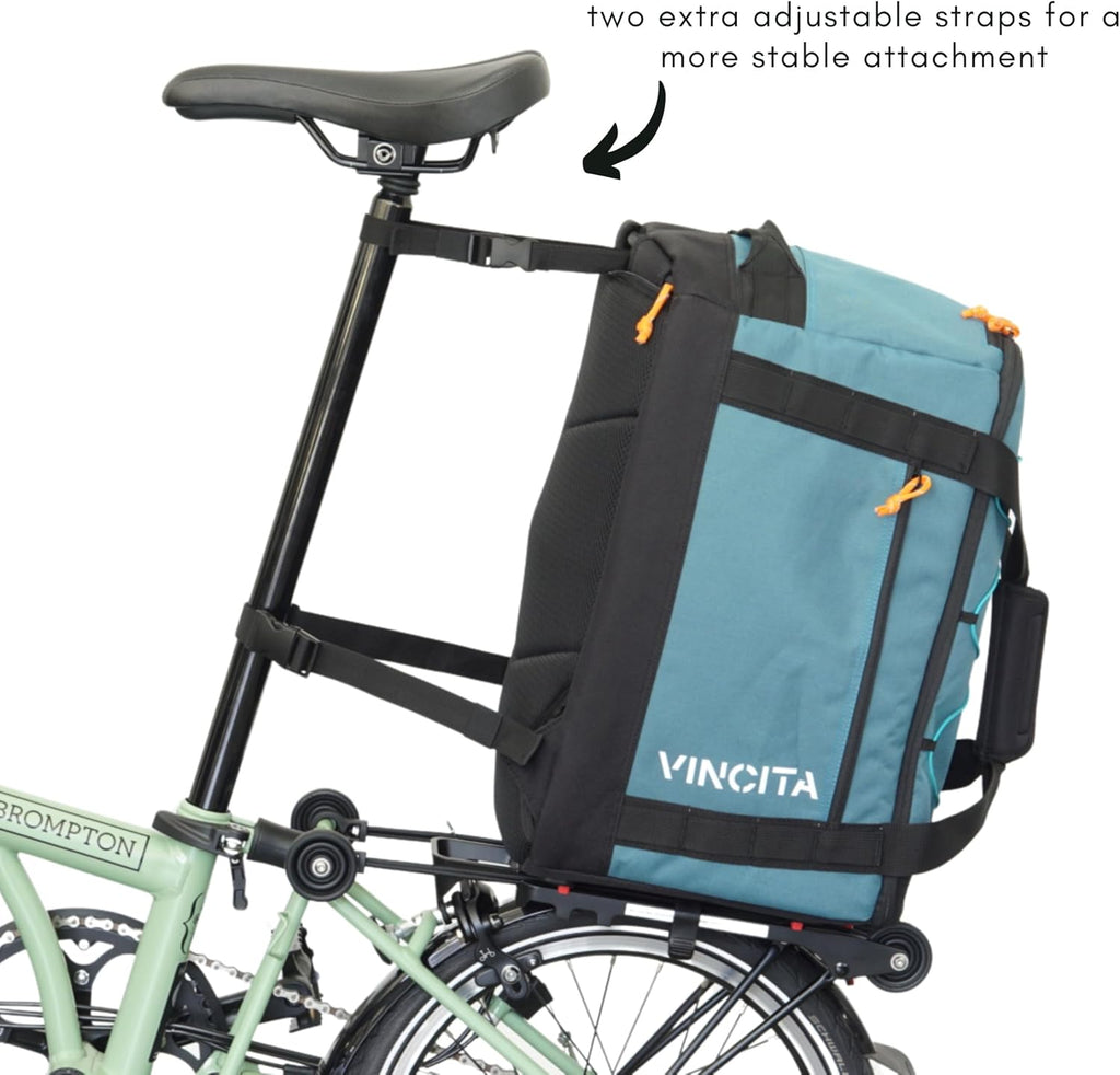 Vincita Voyage B.D.R. 3-in-1 Rear Rack Bag – 37L Backpack, Duffle & Pannier Combo – KLICKfix UniKlip 2.0 Quick Release – Water-Resistant Touring Gear for Folding Bikes. (Black)