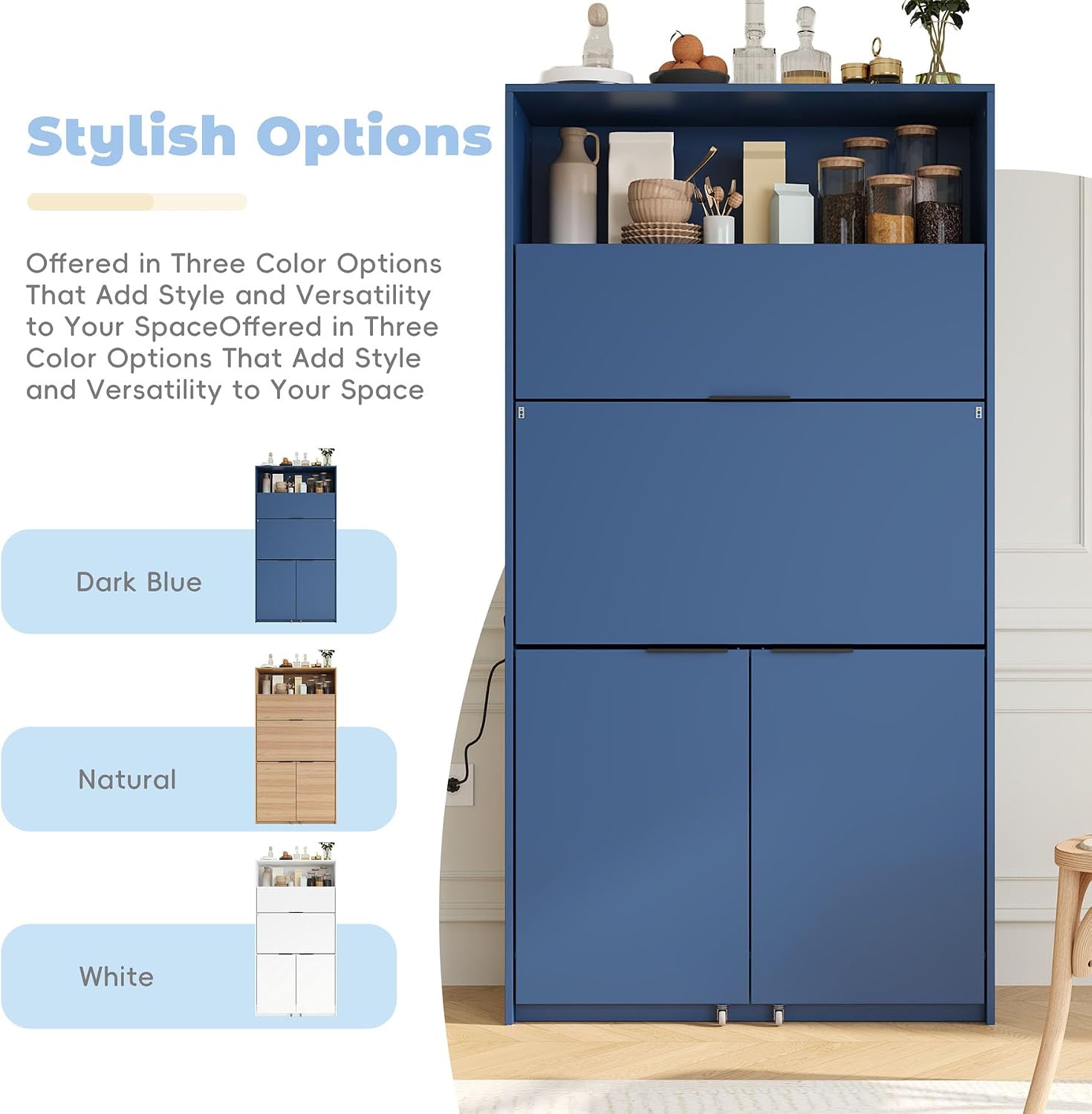 Farmhouse Pantry Cabinet with Foldable Workstation, 69' Tall Buffet with Hutch and Storage, Multifunctional Kitchen Cabinet with Adjustable Shelf and Power Outlet for Dining Room (Dark Blue)
