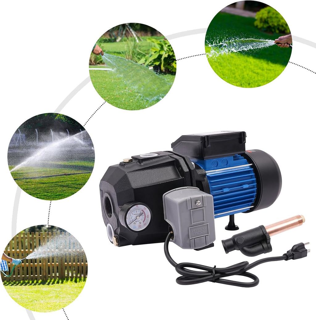0.75 HP Shallow/Deep Well Pump with Ejector Kit - Cast Iron Jet Water Pump, Well Depth Up to 26ft or 82ft, Automatic Pressure Switch, 110V Water Transfer Pump for Farm Lawn Garden