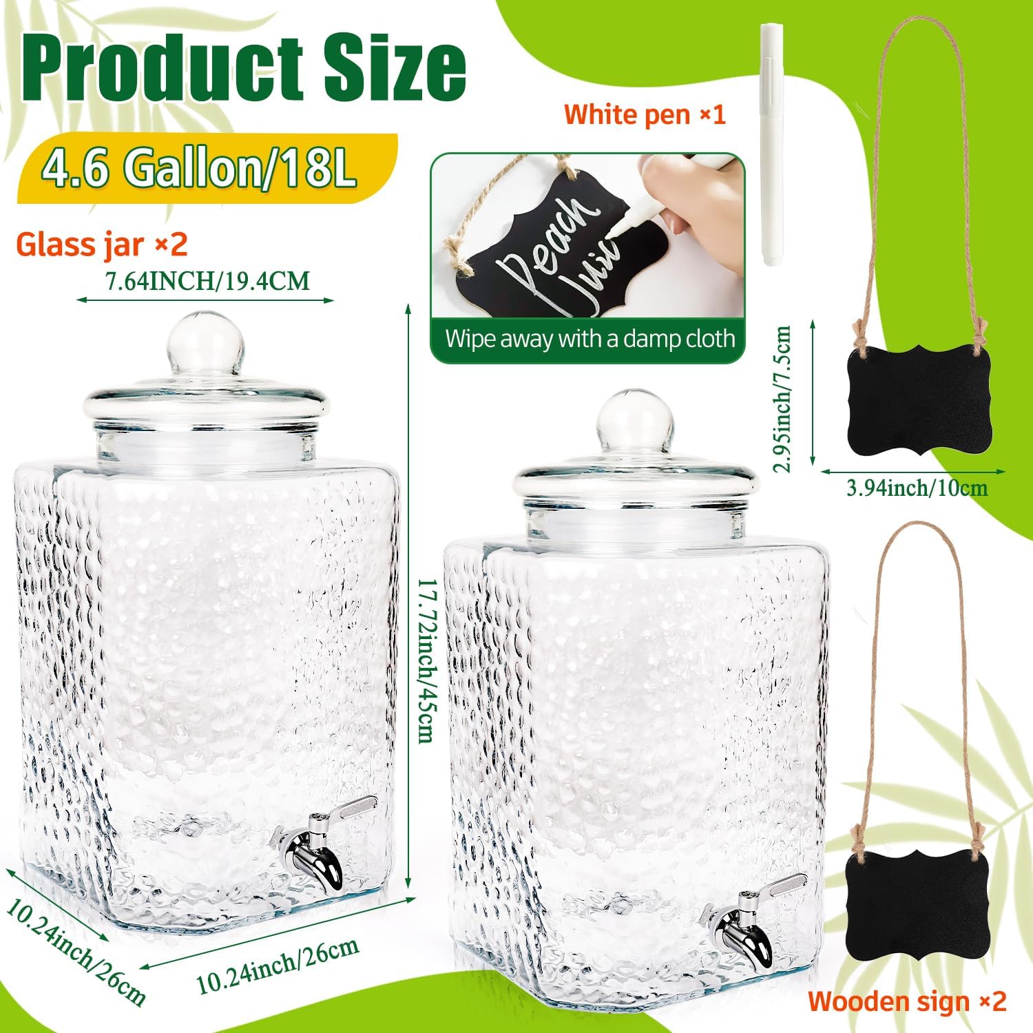 2 Pack 4.6 Gallon Glass Water Dispenser with Lids Stainless Steel Spigot Hammered Clear Drink Beverage Dispenser Water Jug Container for Lemonade Water Juice Iced Tea Party Wedding Kitchen