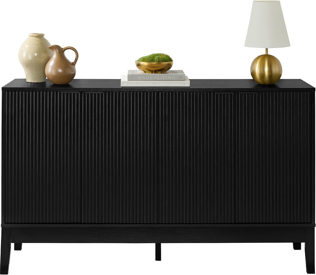 Best Choice Products 55' Modern 4-Door Sideboard Storage Cabinet, Buffet, Media Cabinet, Cupboard, Entryway Accent Table, Bookcase w/Reed Panels and Adjustable Shelves - Black