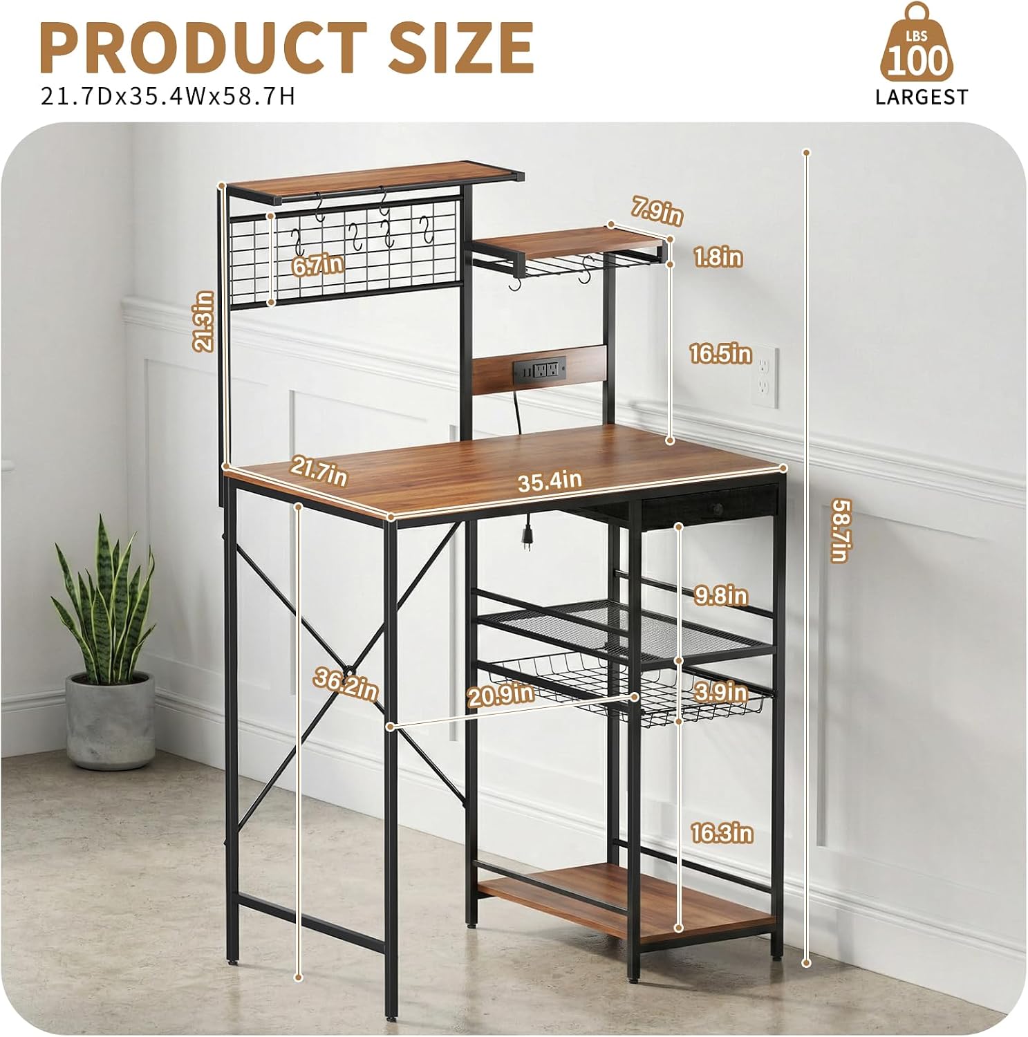 Uniclinens Bakers Rack with Power Outlet, Kitchen Microwave Stand with Storage Shelves, Coffee Bar with Wire Basket and 8 S-Shaped Hooks, Rustic Brown