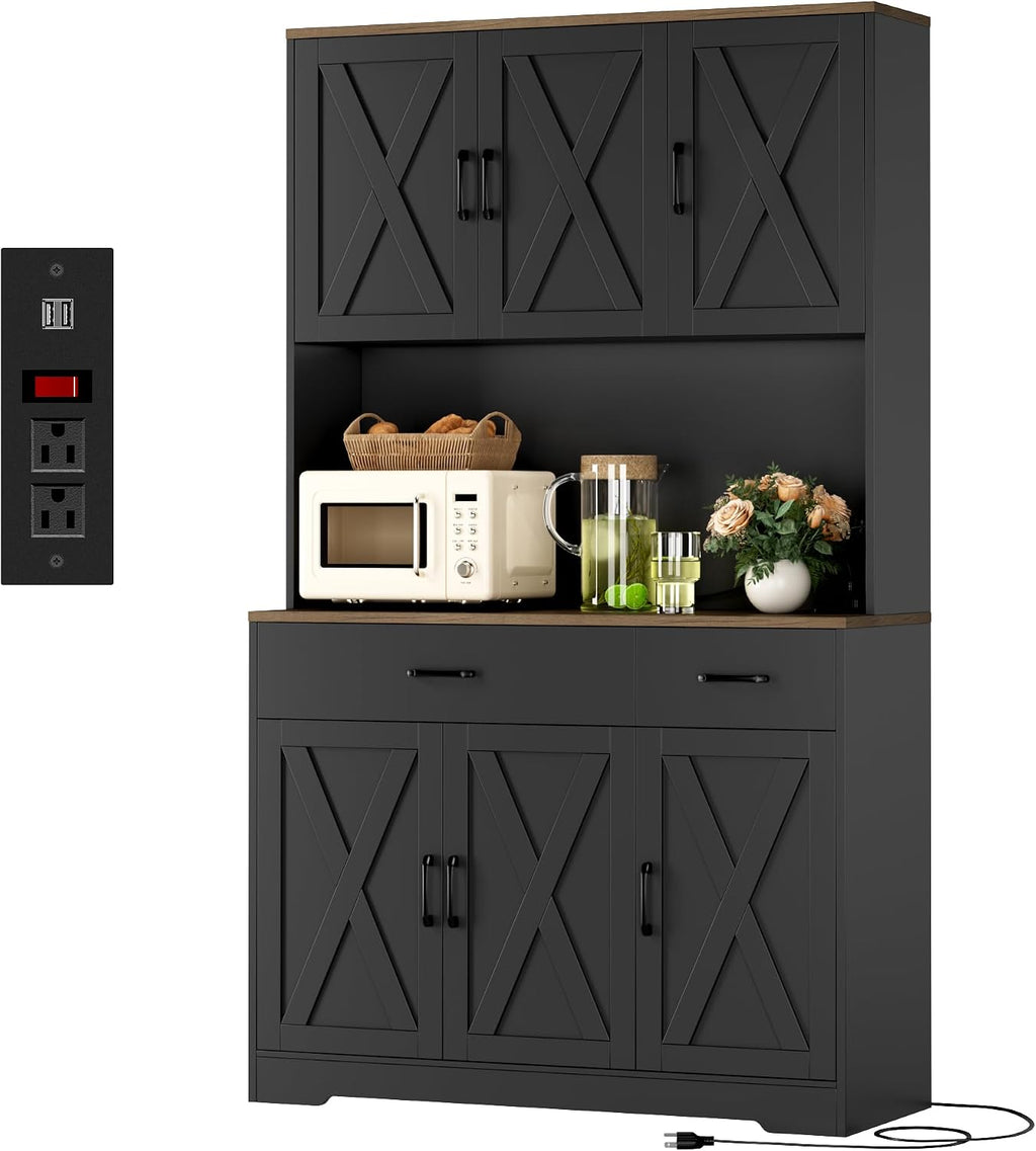 HOSTACK 71' Pantry Cabinet with Charging Station, Tall Kitchen Pantry Storage Cabinet with Microwave Stand, Farmhouse Kitchen Hutch with Storage Drawers for Living Room, Dining Room, Black