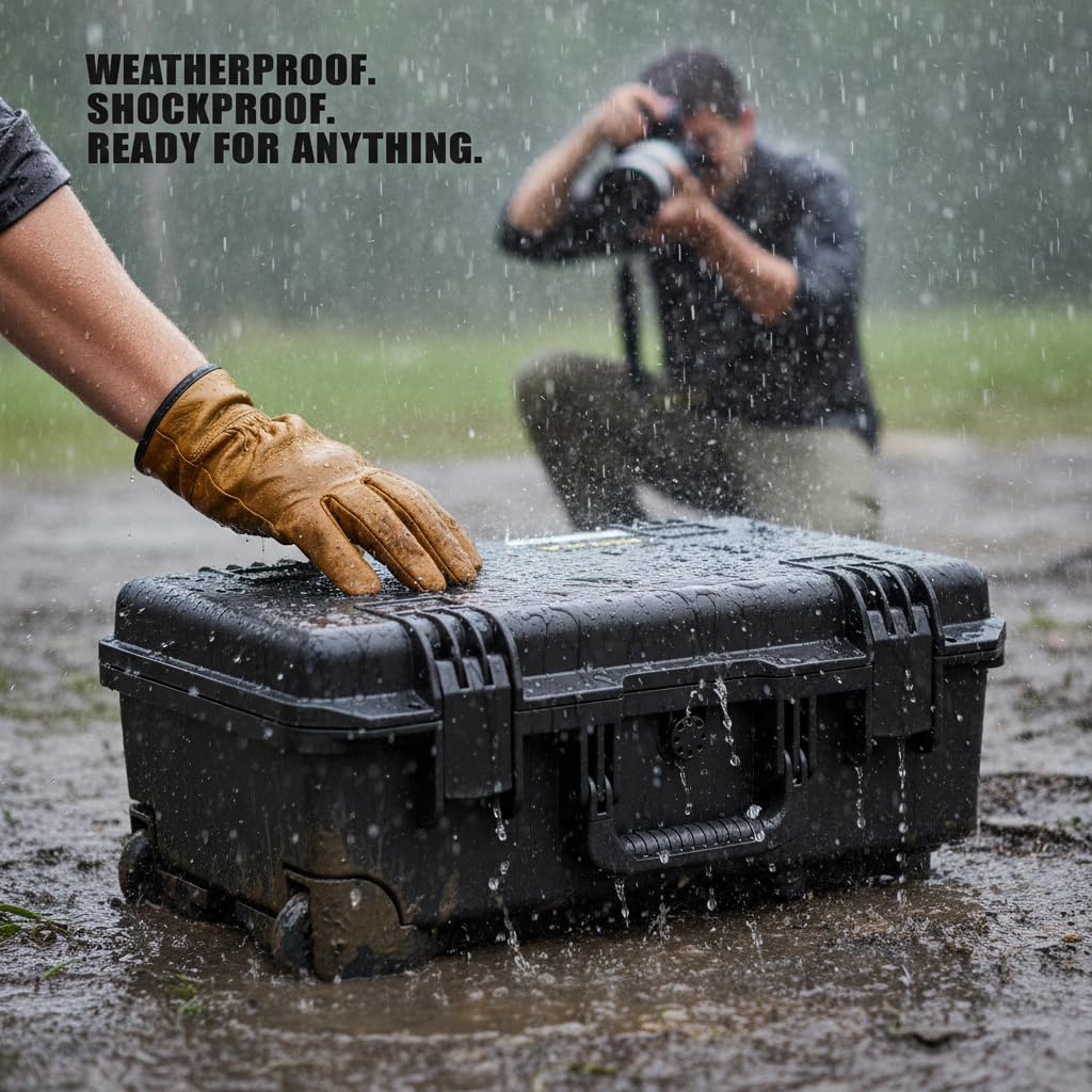 MEIJIA Premium Waterproof Hard Compact Rolling Camera Case with customizable fit foam and wheels,Full Protection with Light&Convenient Design,21.7'x14.1'x8.8',Elegant Black