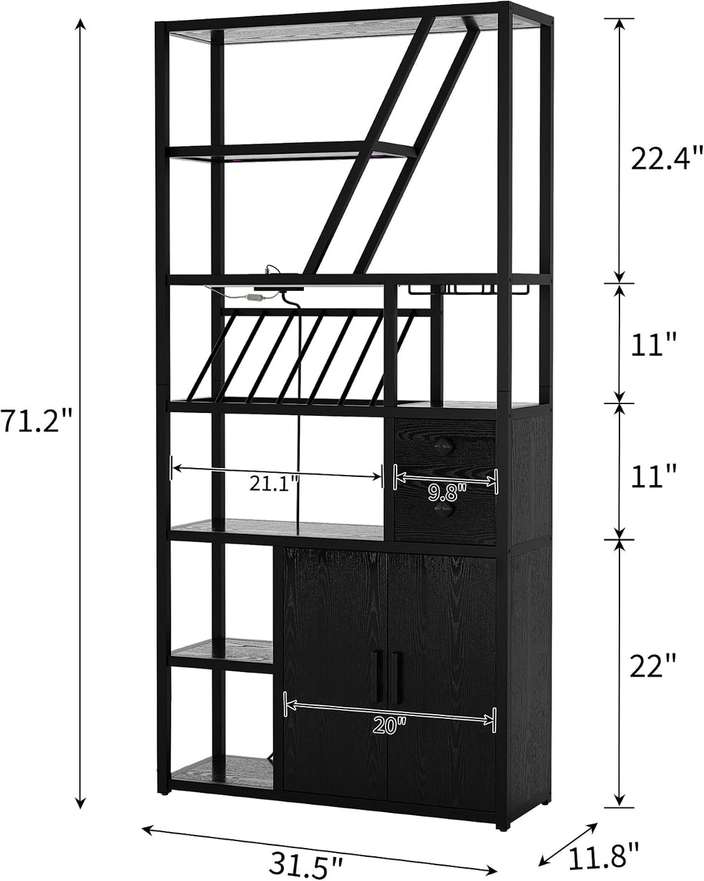 GarveeHome Bar Cabinet with LED Lights, 71.2 in Tall Coffee Bar Station with Power Outlets and Wine Rack, Kitchen Bakers Rack for Living Room