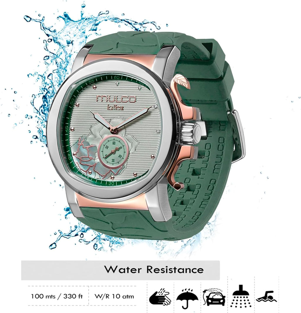 MULCO Le Fleur Gardenia Women's Watch – 43 mm Stainless-Steel Case, Rose-Gold Bezel, Mother-of-Pearl Dial with Crystal Accents, Pure Silicone Strap, Quartz Multifunction Movement, 10 ATM Waterproof