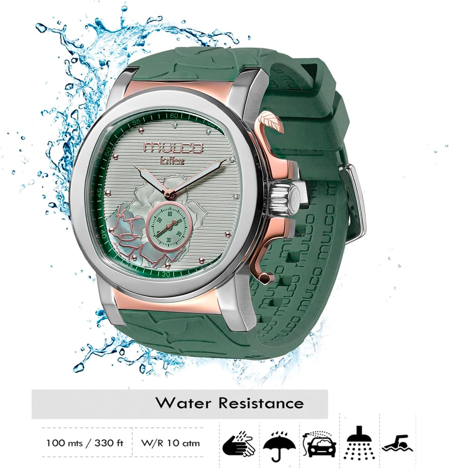 MULCO Le Fleur Gardenia Women's Watch – 43 mm Stainless-Steel Case, Rose-Gold Bezel, Mother-of-Pearl Dial with Crystal Accents, Pure Silicone Strap, Quartz Multifunction Movement, 10 ATM Waterproof