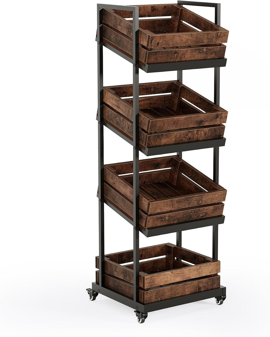 LITTLE TREE 4-Tier Basket Stand with Locked Wheels, Mobile Fruit and Vegetable Storage, Floor Stand Rack, Utility Shelf, for Kitchen, Living Room, Pantry (Rustic Brown)