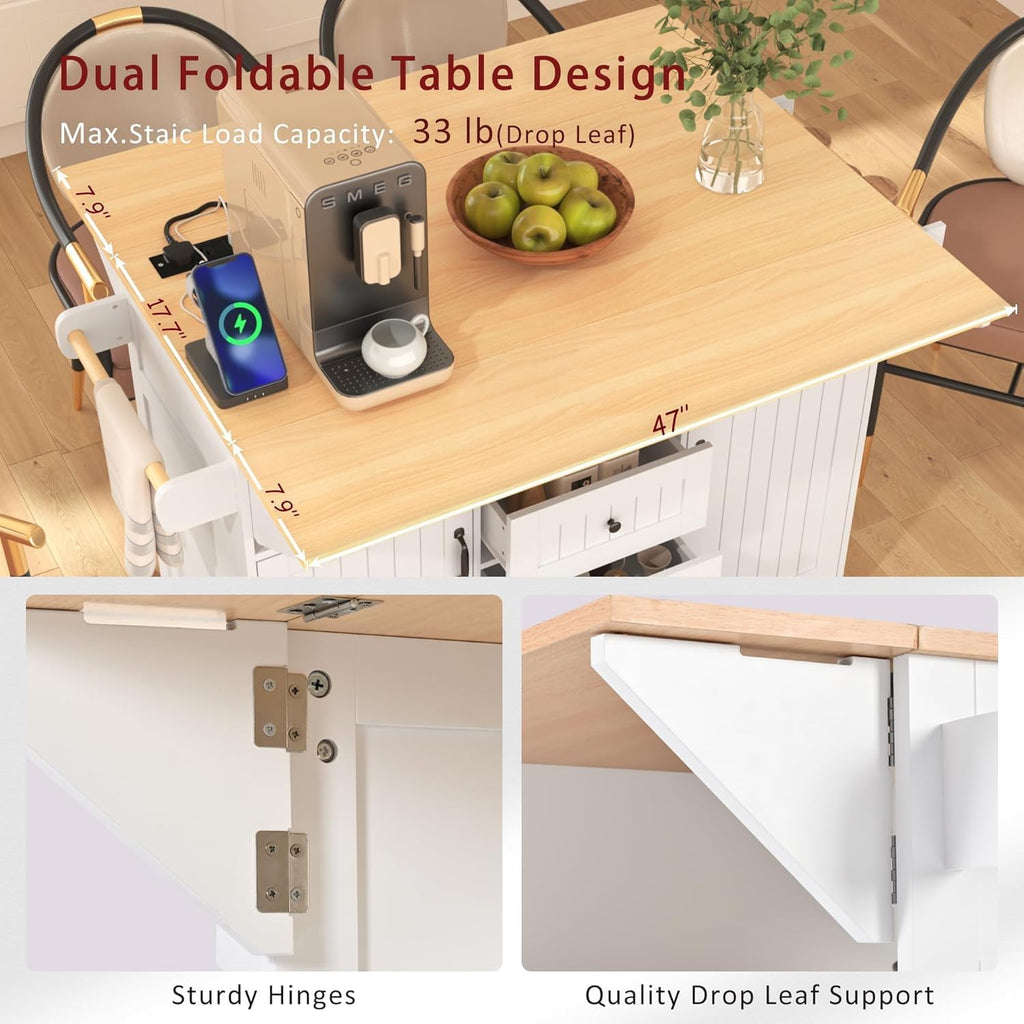 Kitchen Island with 2 Drop Leaf, Home Cart Island on Wheels Foldable Dining Table with Power Outlets,3 Drawers,Storage Cabinet, Tower Rack(White)