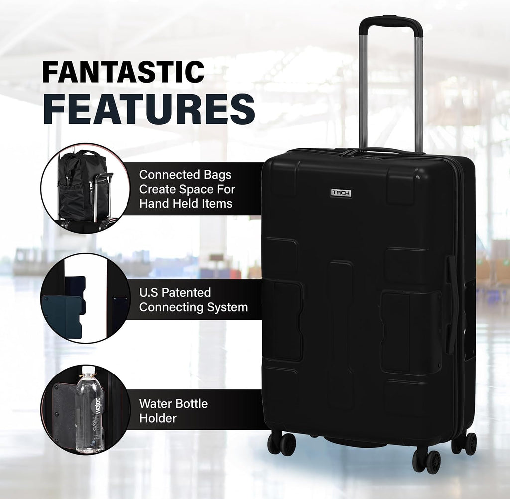 TACH Patented Connecting Hard Shell Carry-On | Roll Connected Units Right to Your Seat | Connect and Disconnect in Seconds | Rolling Suitcases - Black
