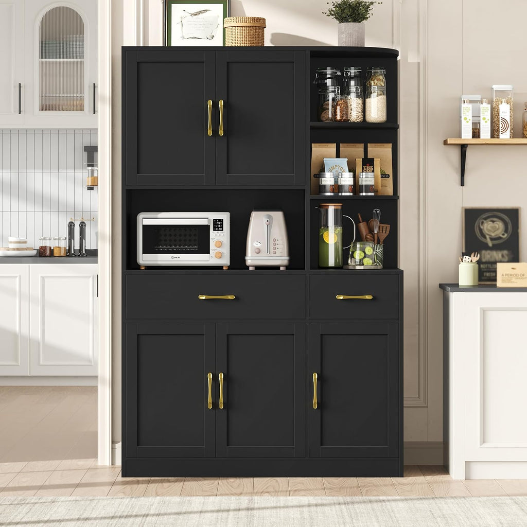 BOTLOG 67' Kitchen Pantry Cabinet, Modern Kitchen Hutch with 5 Doors and 2 Drawers, 3-Tier External Shelf, Large Pantry Storage Cabinet with Microwave Stand for Dining Room, Black