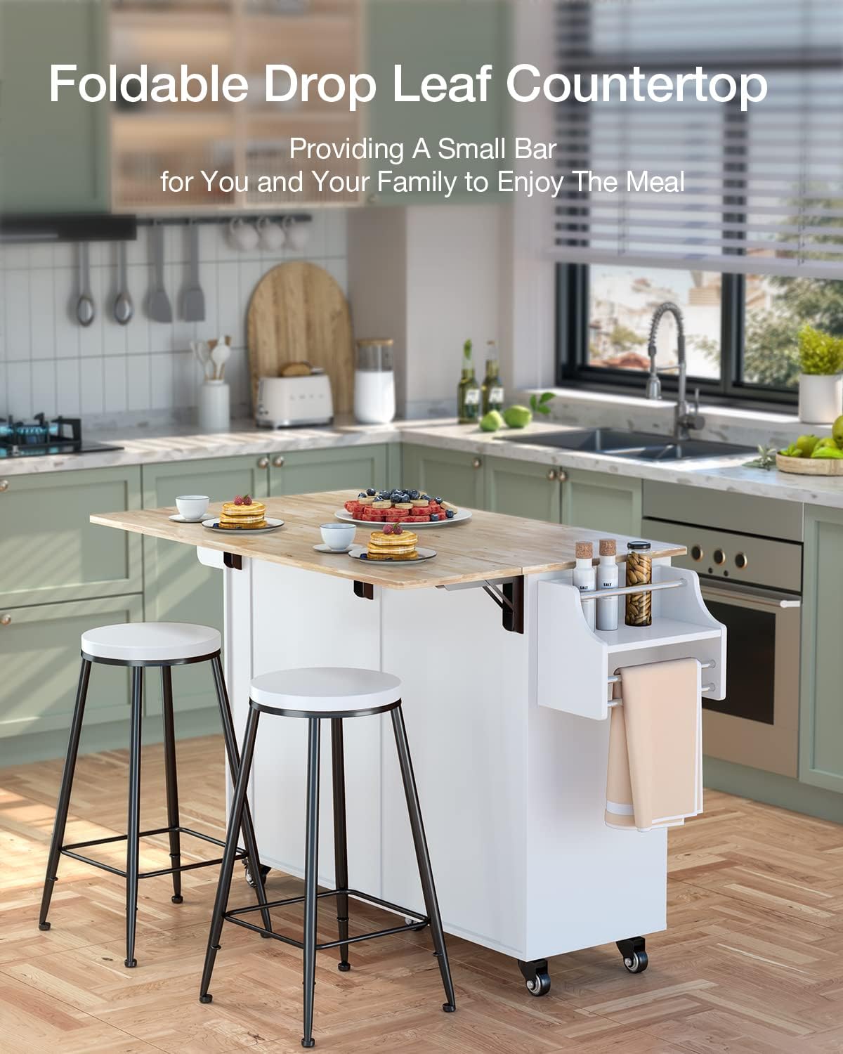 QSun Kitchen Island on Wheels Kitchen Cart with Rubber Wood Top, Mobile Kitchen Island with Double Storage Cabinet and Drawers, Island Table for Kitchen (White)