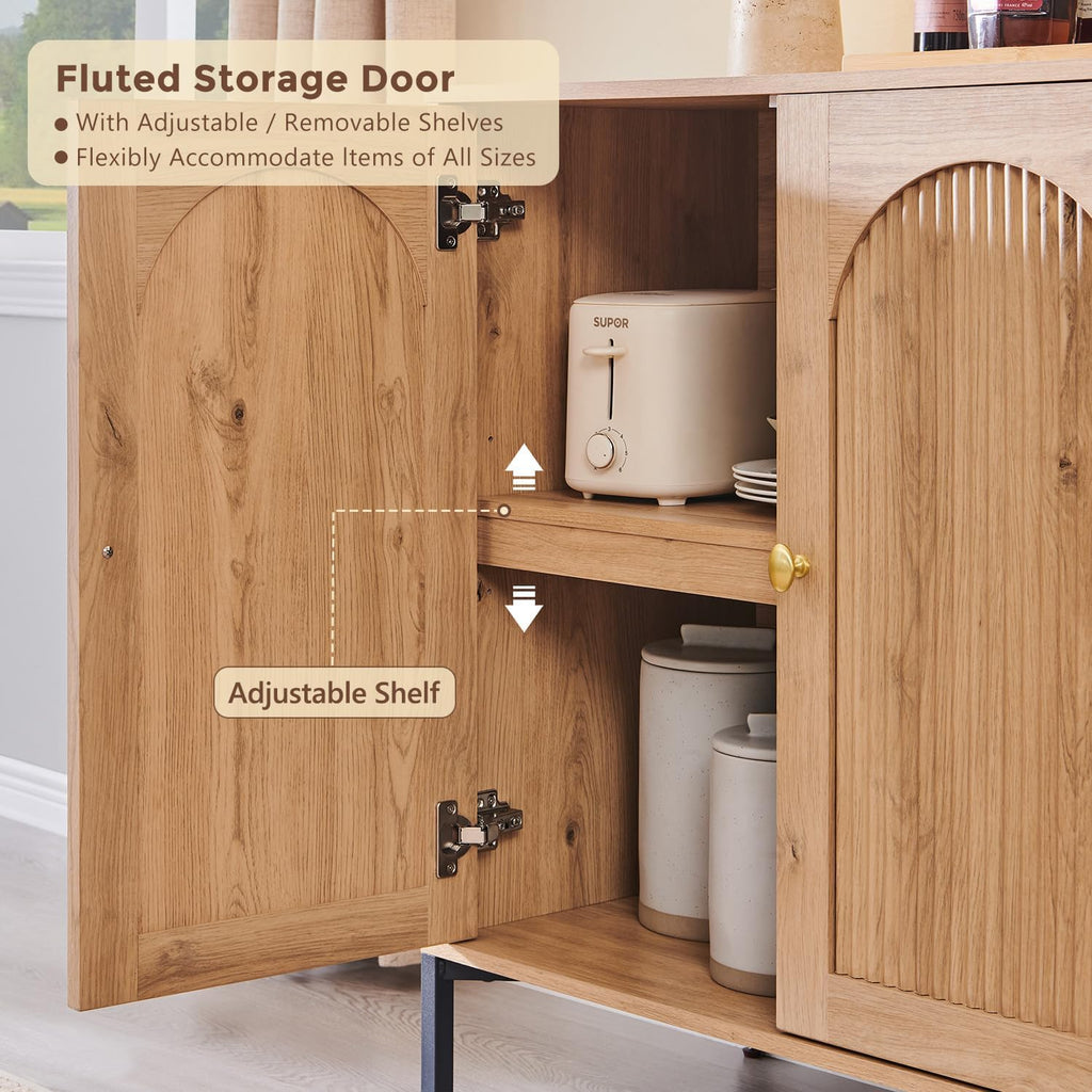 IFGET Modern Buffet Cabinet with Storage, 123.5' W Fluted Arched Sideboard Cabinet w/Adjustable Shelves, Wooden Modular Coffee Bar for Dining Room, Kitchen, Living Room, Entryway, Natural