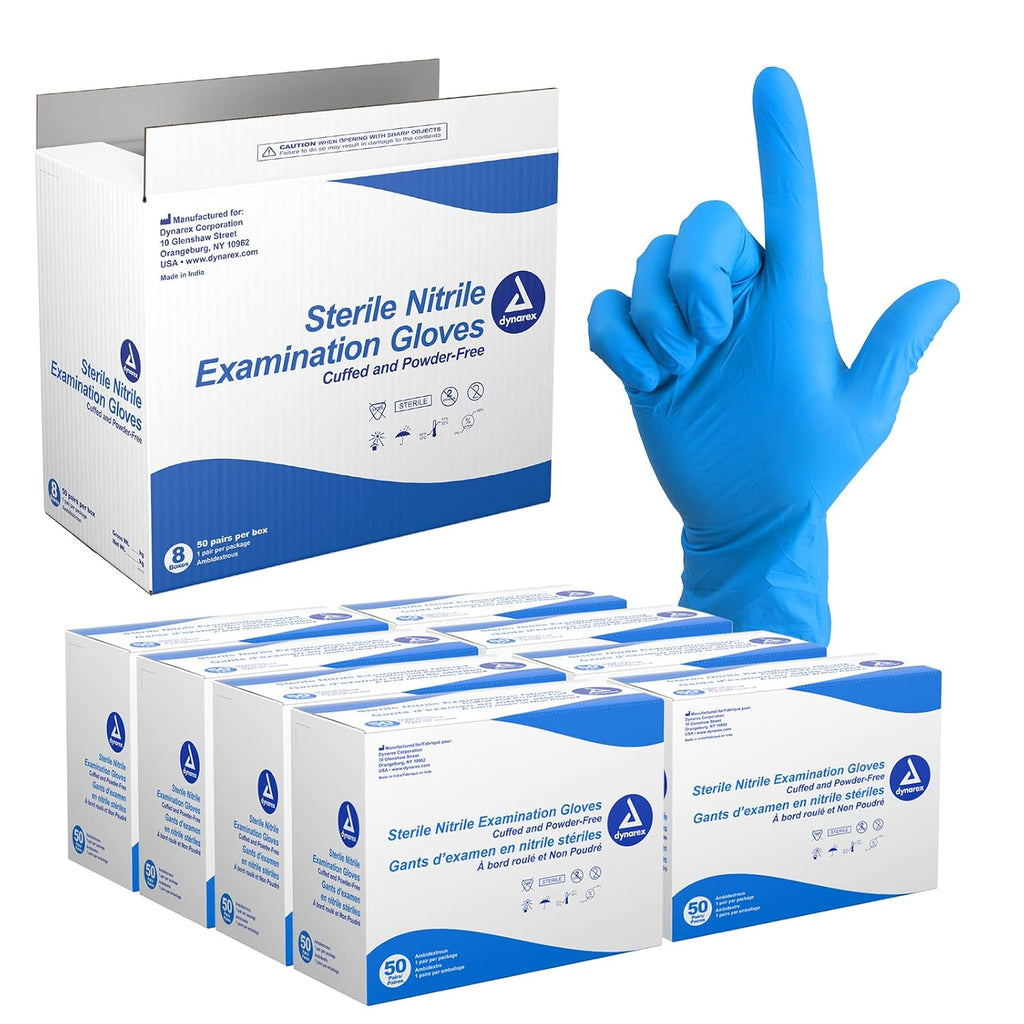 Dynarex Sterile Disposable Nitrile Exam Gloves, Powder-Free, Sterilely Packaged in Pairs, Textured Palms, Blue, Small, 1 Case - 8 Boxes of 50 Pairs