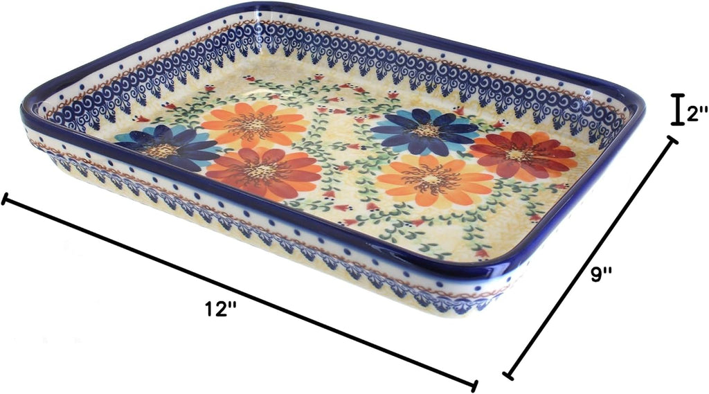 Blue Rose Polish Pottery - Orange Autumn Burst Medium Rectangular Baker - 12' x 9.25' - Unique, Dishwasher Safe, & Durable Bakeware