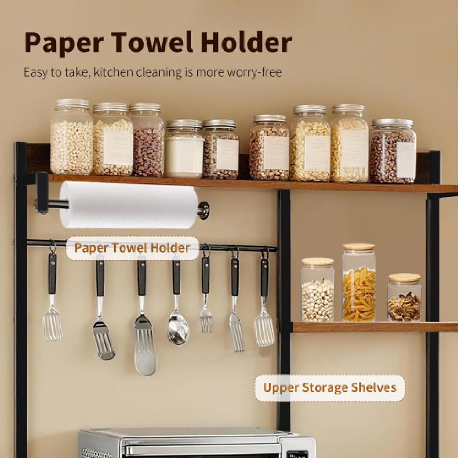 Kitchen Bakers Rack with Power Outlet Microwave Stand Freestanding Coffee Bar with Wire Basket Metal Bakers Rack for Spices Pots