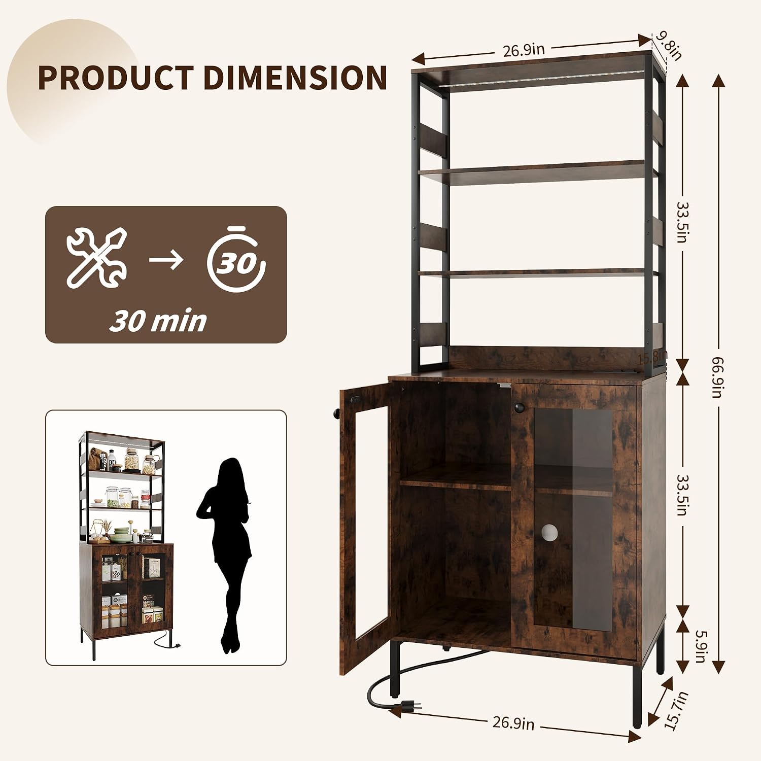TrailBlaze 67' Tall Coffee Bar Cabinet with Power Outlets & RGB LED Lights - Glass Doors, Adjustable Shelves, Wine & Liquor Storage - Microwave Stand Pantry Hutch for Dining Room or Living Room -