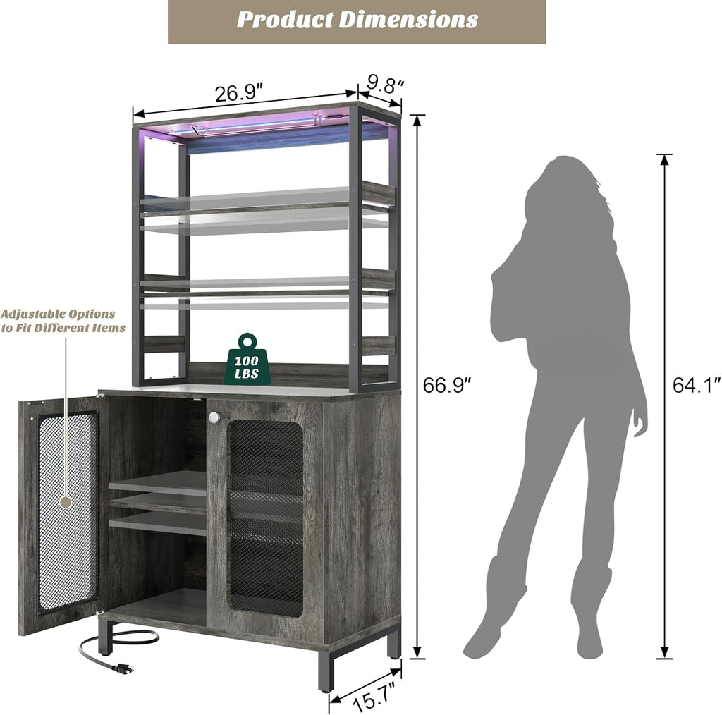 Aheaplus Bar Cabinet with Power Outlets, 26.9' Wine Bar Cabinet Liquor Cabinet with LED Lights and Glass Holder, Coffee Bar Station Microwave Stand, Black Oak