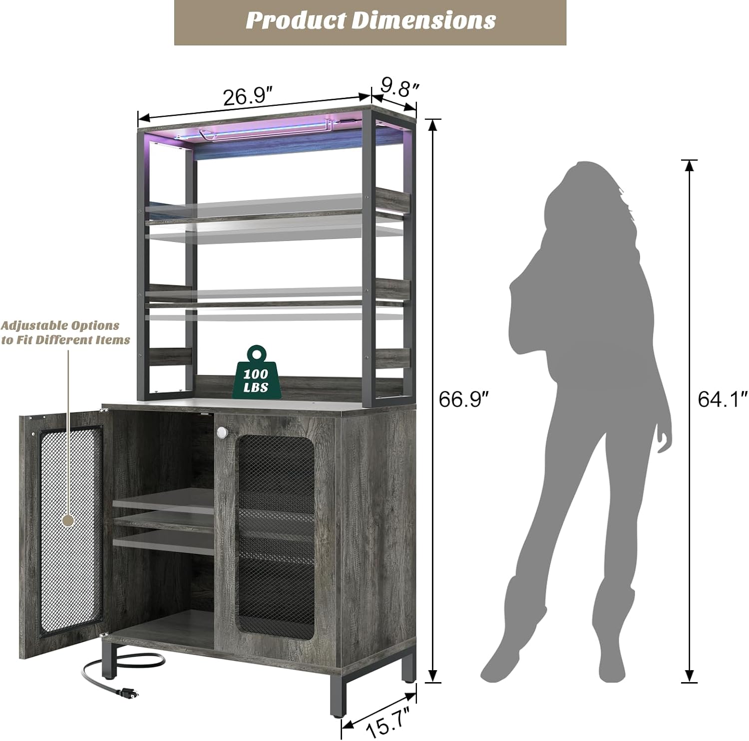 Aheaplus Bar Cabinet with Power Outlets, 26.9' Wine Bar Cabinet Liquor Cabinet with LED Lights and Glass Holder, Coffee Bar Station Microwave Stand, Black Oak
