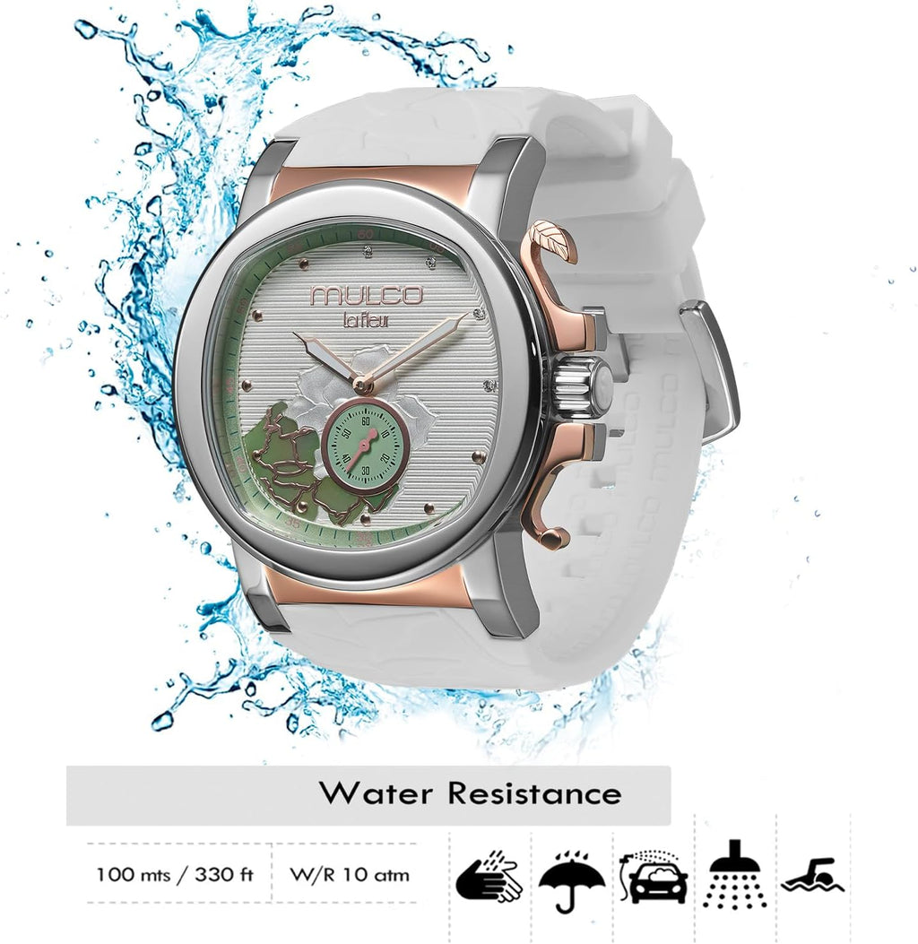 MULCO Le Fleur Gardenia Women's Watch – 43 mm Stainless-Steel Case, Rose-Gold Bezel, Mother-of-Pearl Dial with Crystal Accents, Pure Silicone Strap, Quartz Multifunction Movement, 10 ATM Waterproof